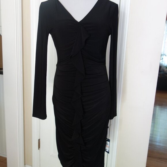 NWT $109 TOMMY BAHAMA Ruched Ruffle Front Long Sleeve Black Dress – 2 - Picture 2 of 7
